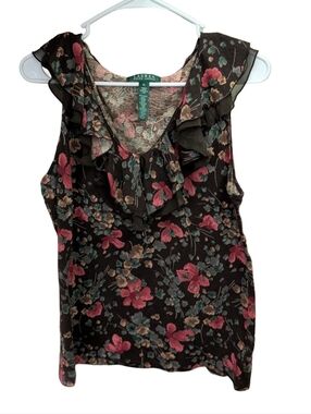 Lauren Ralph Lauren Brown Floral Ruffled V-Neck Sleeveless Top